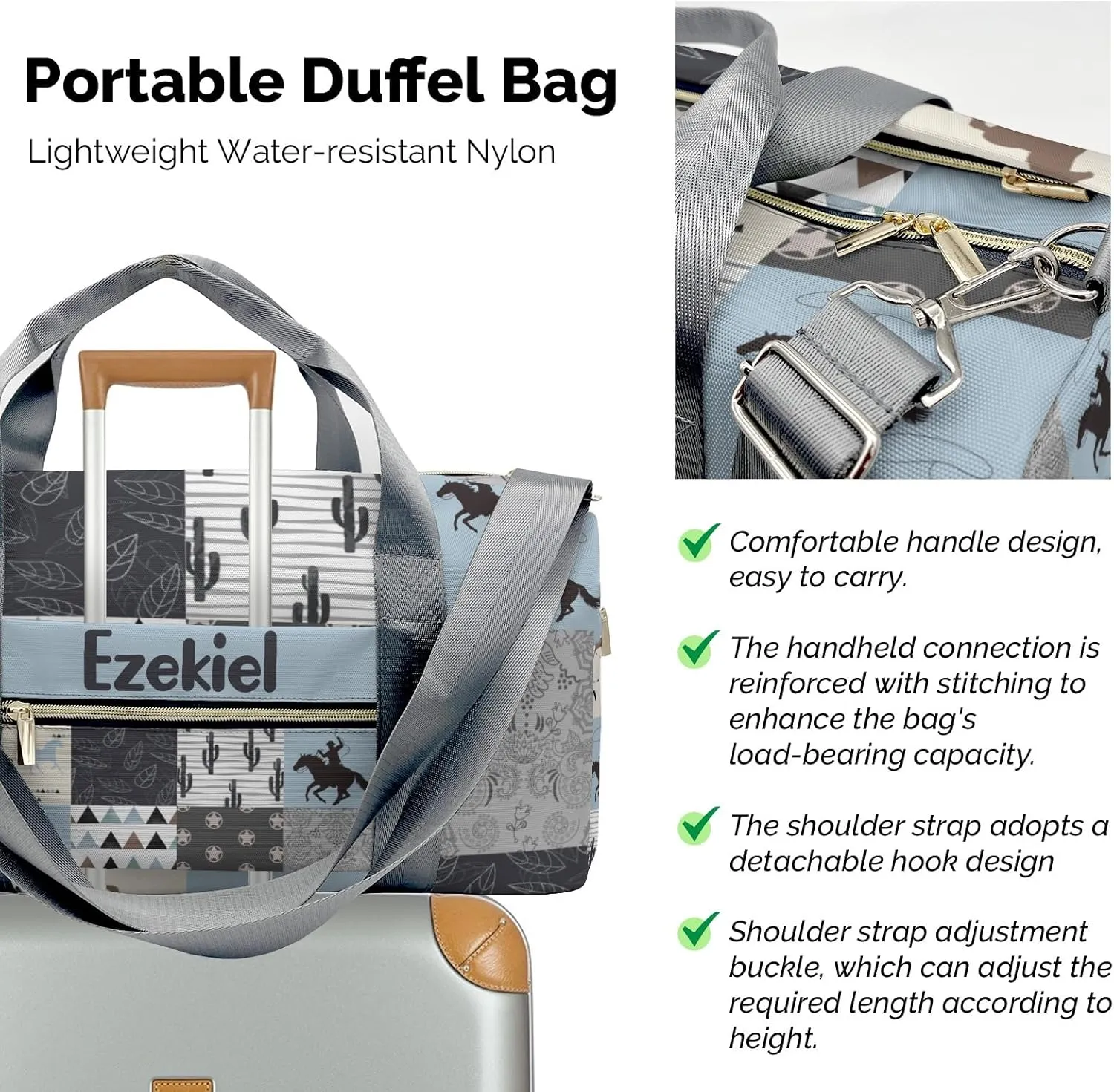 Personalized Western Horse Cactus Patchwork Duffel Bag,Customized Sport Player Travel Bag for Gifts