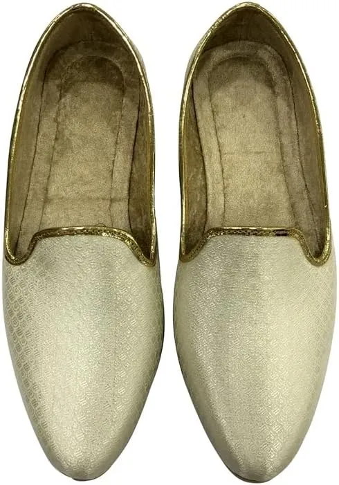 Punjabi Mojaris Mens Shoes Cream Wedding for Groom,Traditional Indian Footwear Ethnic Peshawari Slippers