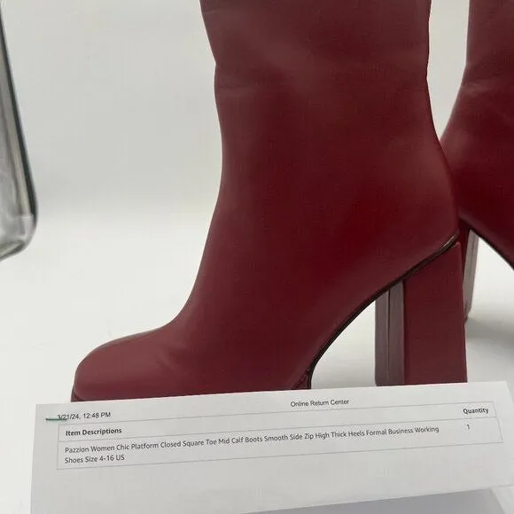 Red Women Chic Platform Closed Square Toe Side Zip Mid Calf Boots Working Shoes