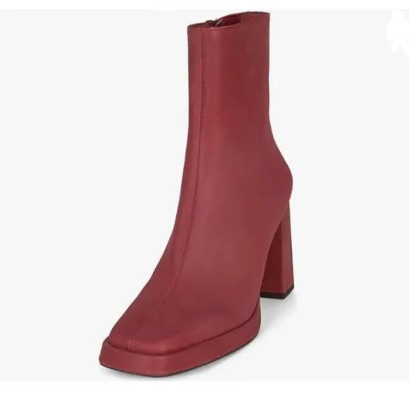Red Women Chic Platform Closed Square Toe Side Zip Mid Calf Boots Working Shoes