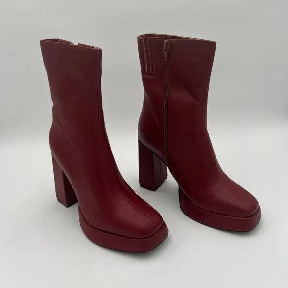 Red Women Chic Platform Closed Square Toe Side Zip Mid Calf Boots Working Shoes