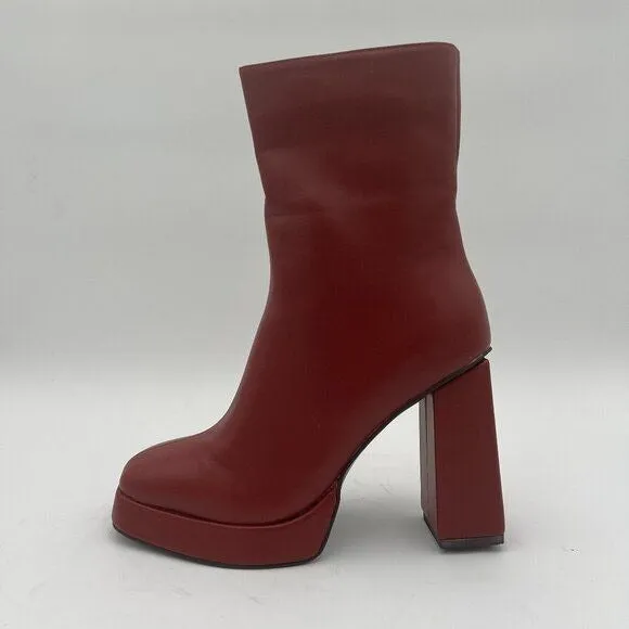 Red Women Chic Platform Closed Square Toe Side Zip Mid Calf Boots Working Shoes