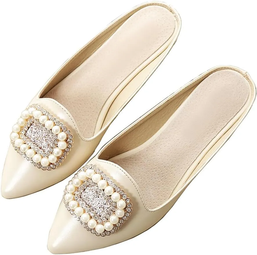 Rhinestone Mules for Women Flats Shoes Slip On Backless Loafer Pointed Toe Dress Mule Slides