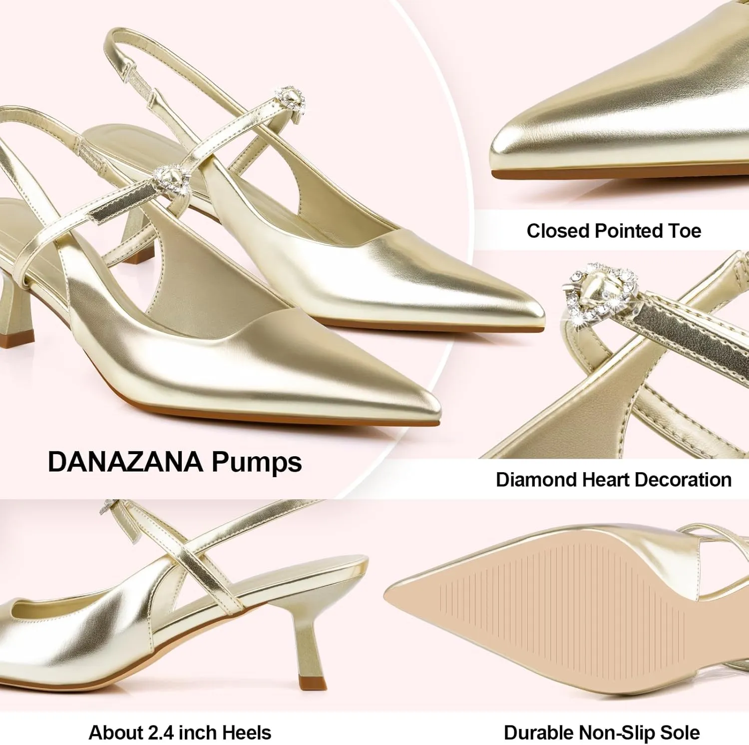 Rhinestones Slingback Heels Women Closed Pointed Toe Crystal Bridal Wedding Stiletto Pumps Shoes Slip On Sandals Buckle Strap Kitten Heels Size 6-10