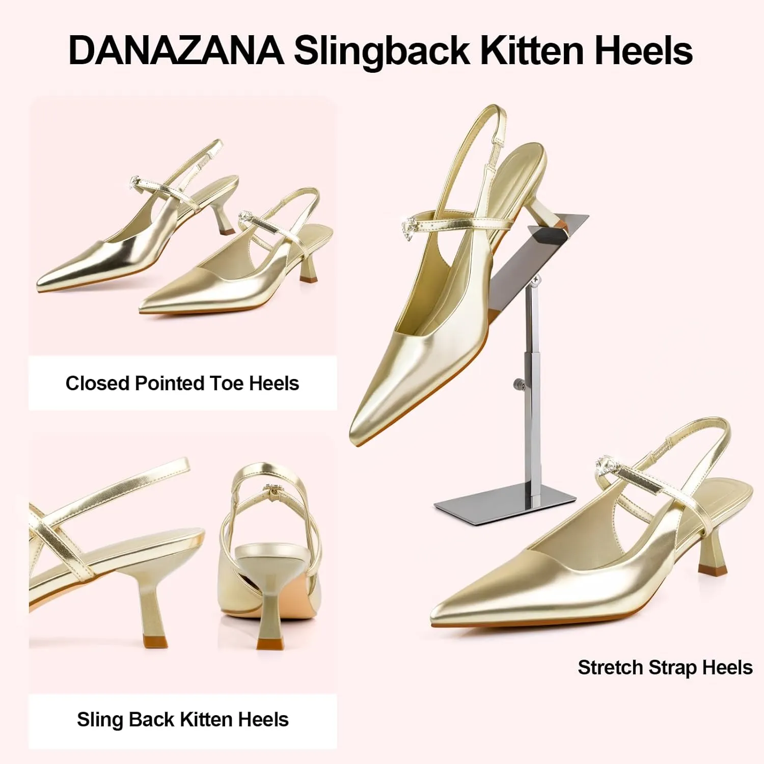 Rhinestones Slingback Heels Women Closed Pointed Toe Crystal Bridal Wedding Stiletto Pumps Shoes Slip On Sandals Buckle Strap Kitten Heels Size 6-10