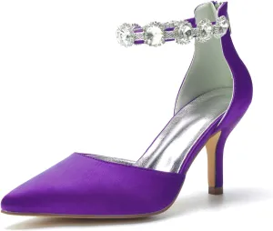 Rhinestones Women's Bridal 8CM Stiletto Heel Wedding Shoes Zipper Back Pointed Toe Sandal Shoes Ankle Strap Pumps Satin Prom Evening Formal Party