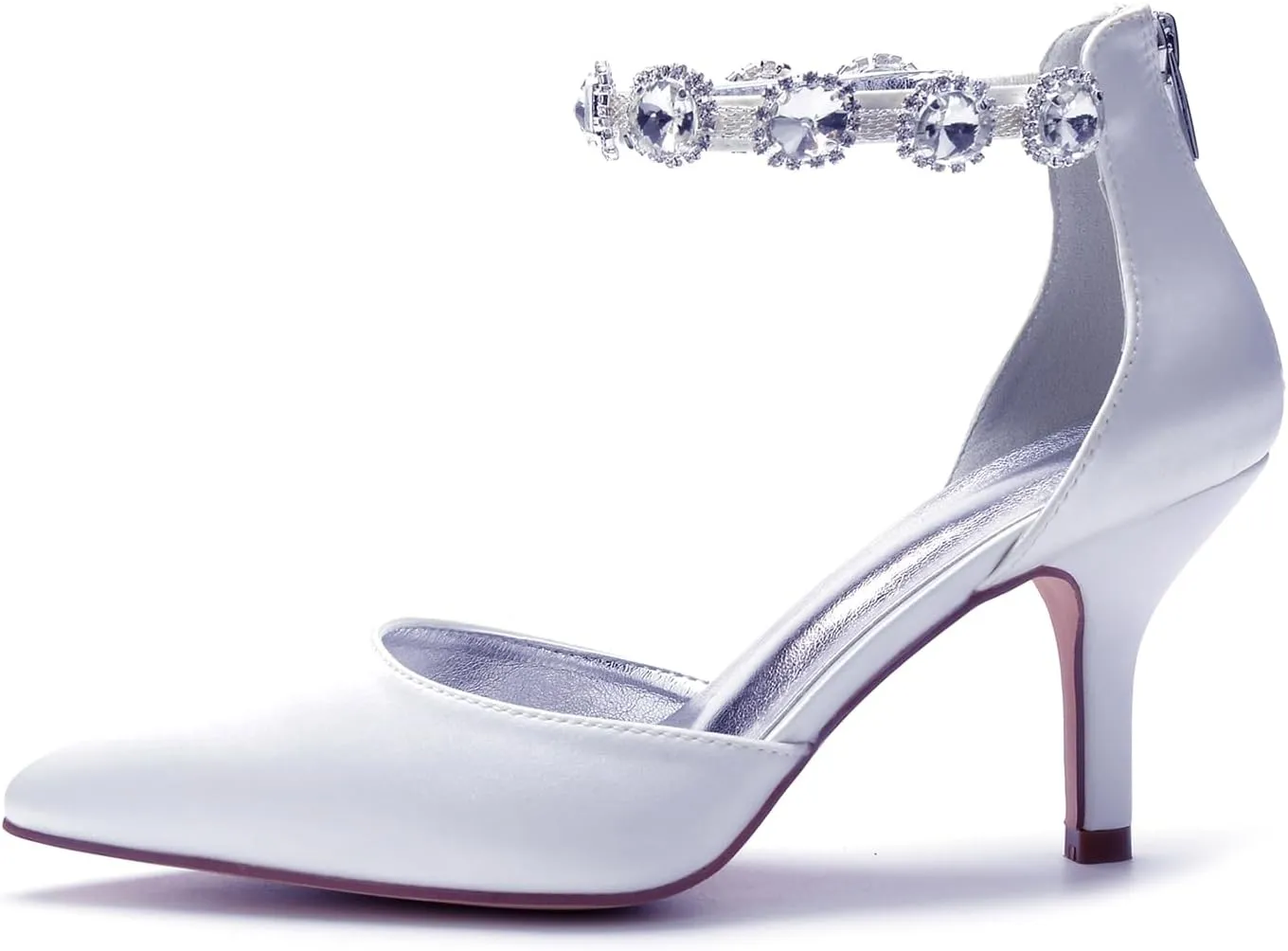 Rhinestones Women's Bridal 8CM Stiletto Heel Wedding Shoes Zipper Back Pointed Toe Sandal Shoes Ankle Strap Pumps Satin Prom Evening Formal Party