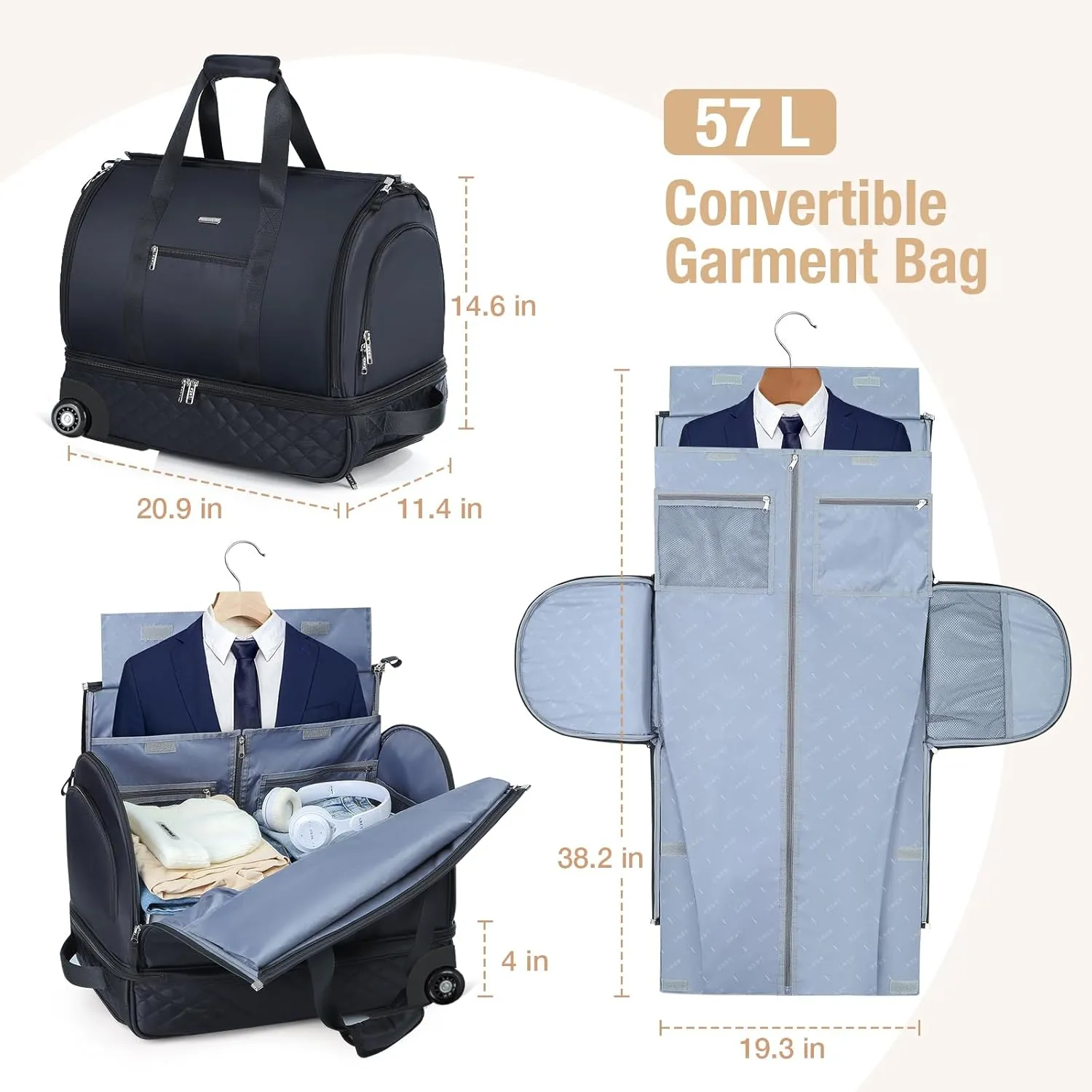 Rolling Garment Bag for Travel - Convertible Duffel Bag with Wheels & Shoes Compartment, Carry on Suit Luggage Bag with Trolley for Business Trip, Wedding, Weekender
