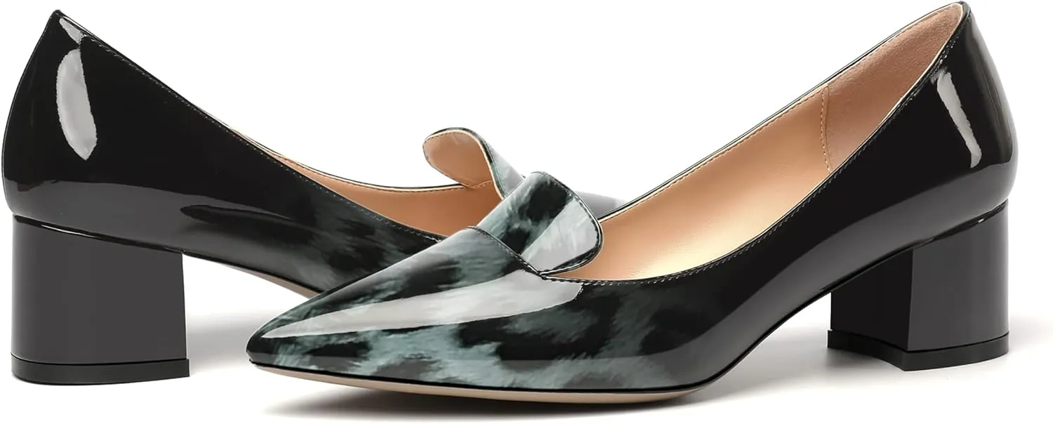 ROSERWISH Womens Slip On Pointed Toe Work Formal Office Patent Chunky Low Heel Pumps Dress Shoes 2 Inch