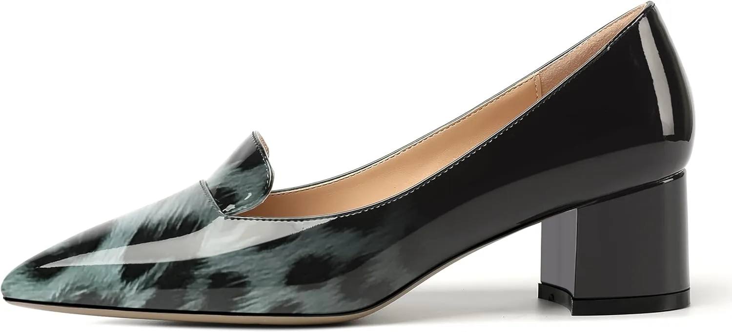 ROSERWISH Womens Slip On Pointed Toe Work Formal Office Patent Chunky Low Heel Pumps Dress Shoes 2 Inch