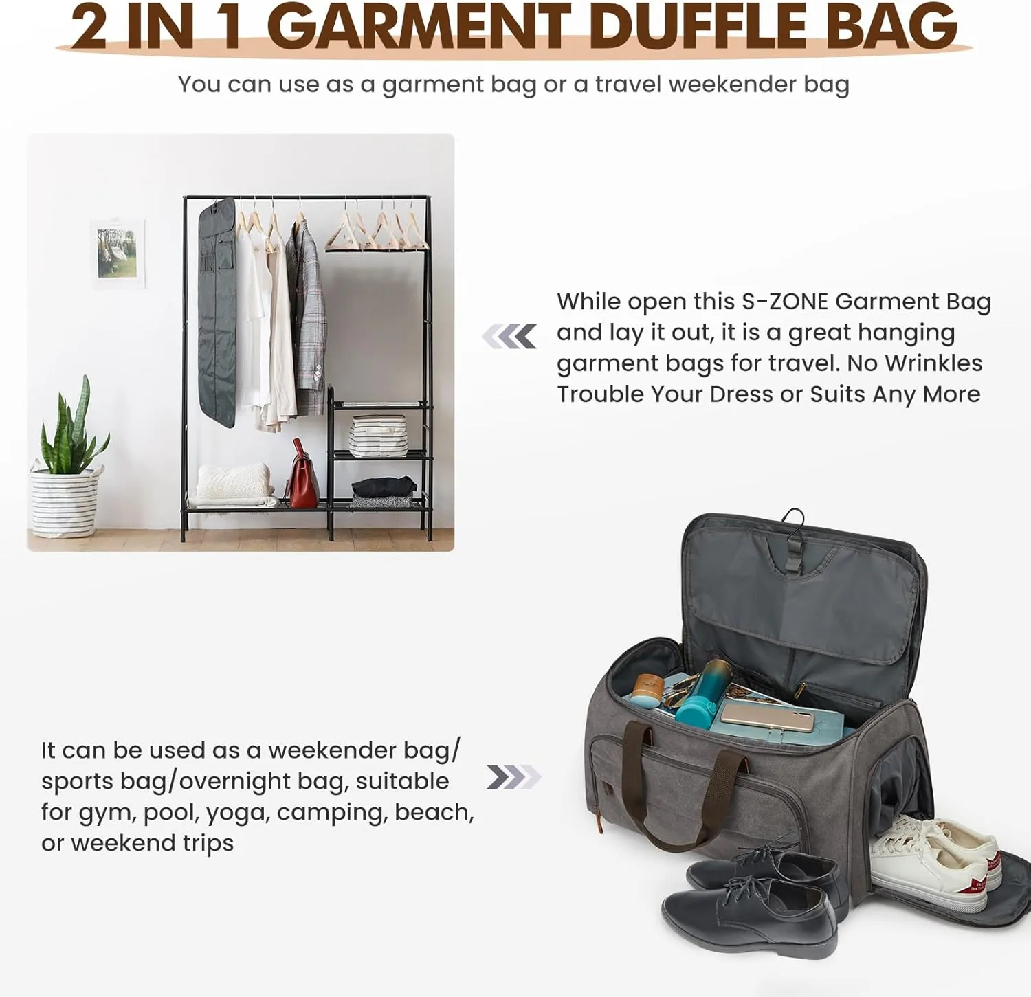 S-ZONE Carry On Garment Bag for Travel Convertible Garment Duffle Bag Suit Bags for Men Women Travel 2 in 1 Hanging Suitcase Business Travel Bag with Toiletry Bag, Gery, 50l
