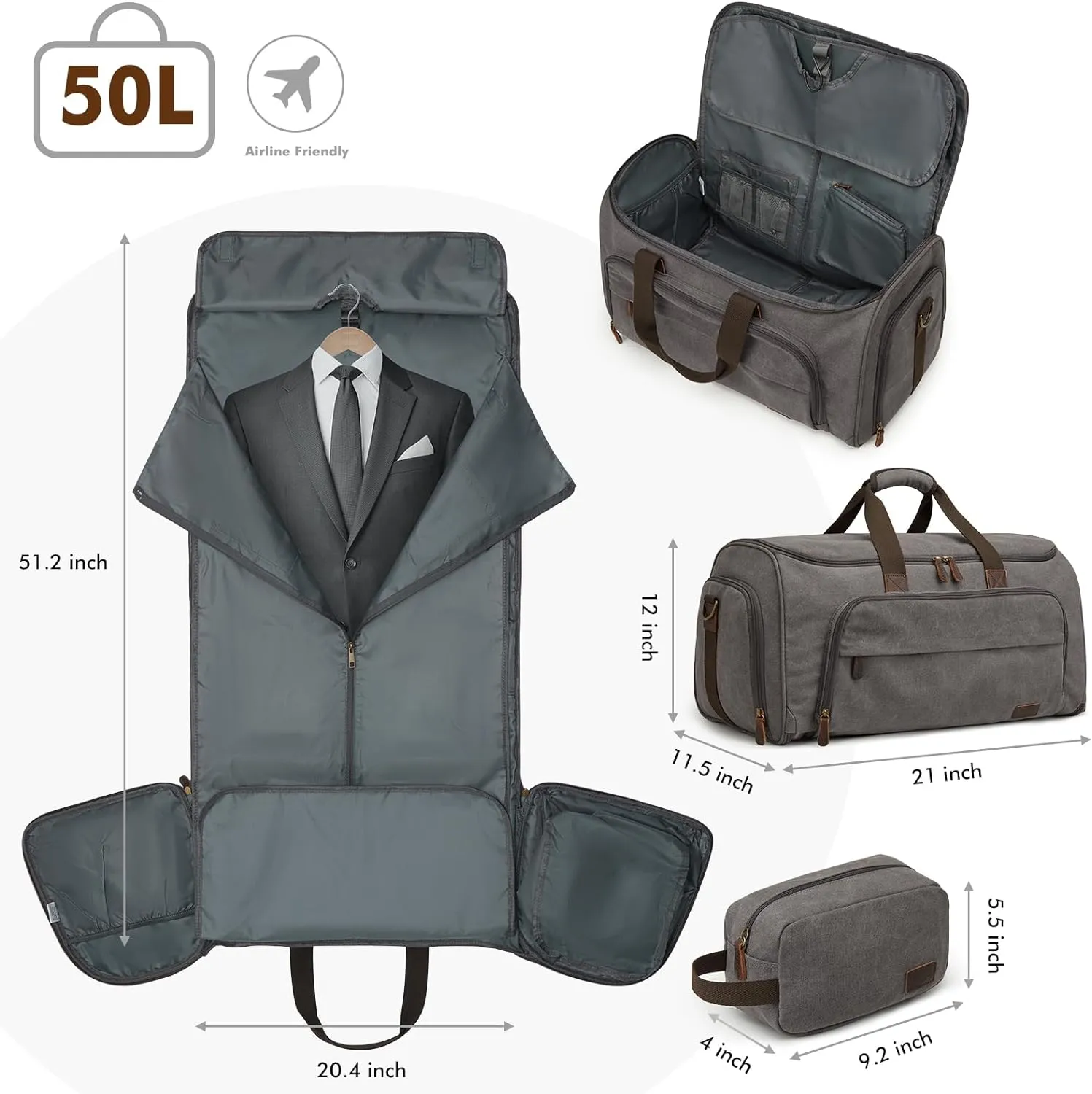 S-ZONE Carry On Garment Bag for Travel Convertible Garment Duffle Bag Suit Bags for Men Women Travel 2 in 1 Hanging Suitcase Business Travel Bag with Toiletry Bag, Gery, 50l