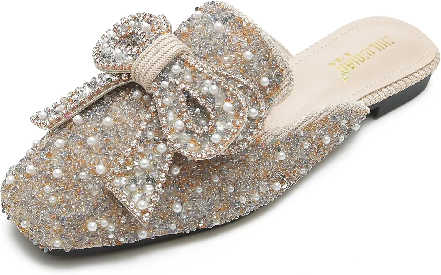 SANIOOOI Women's Pearl Rhinestone Bow Mules,Glitter Square Toe Slip on Flat Ladies Sparkly Baotou Clogs Slippers