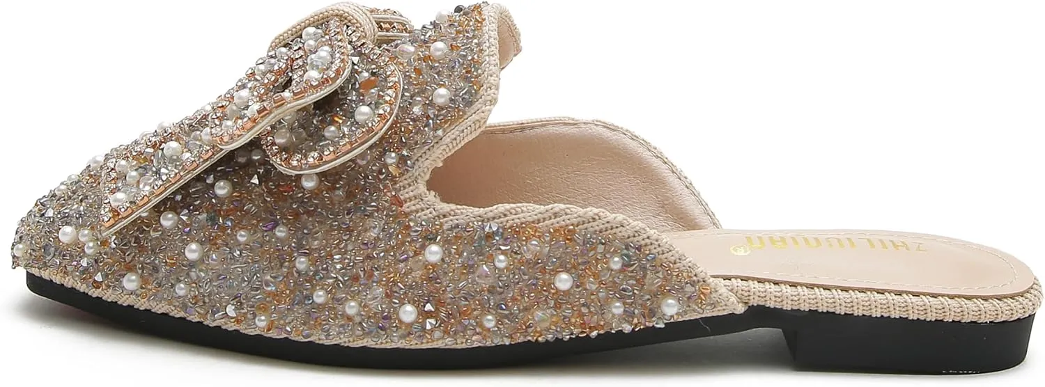 SANIOOOI Women's Pearl Rhinestone Bow Mules,Glitter Square Toe Slip on Flat Ladies Sparkly Baotou Clogs Slippers