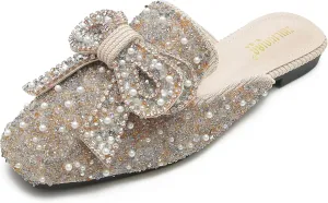 SANIOOOI Women's Pearl Rhinestone Bow Mules,Glitter Square Toe Slip on Flat Ladies Sparkly Baotou Clogs Slippers