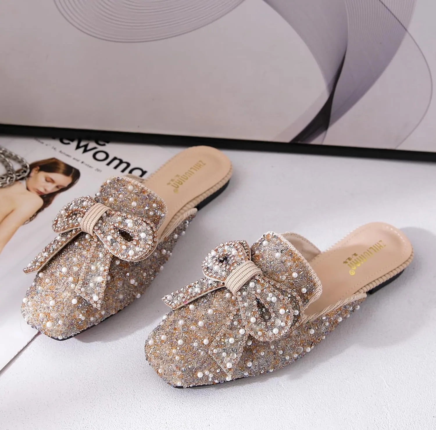 SANIOOOI Women's Pearl Rhinestone Bow Mules,Glitter Square Toe Slip on Flat Ladies Sparkly Baotou Clogs Slippers