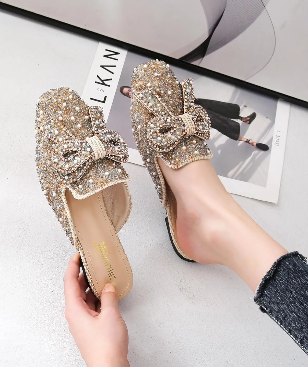 SANIOOOI Women's Pearl Rhinestone Bow Mules,Glitter Square Toe Slip on Flat Ladies Sparkly Baotou Clogs Slippers