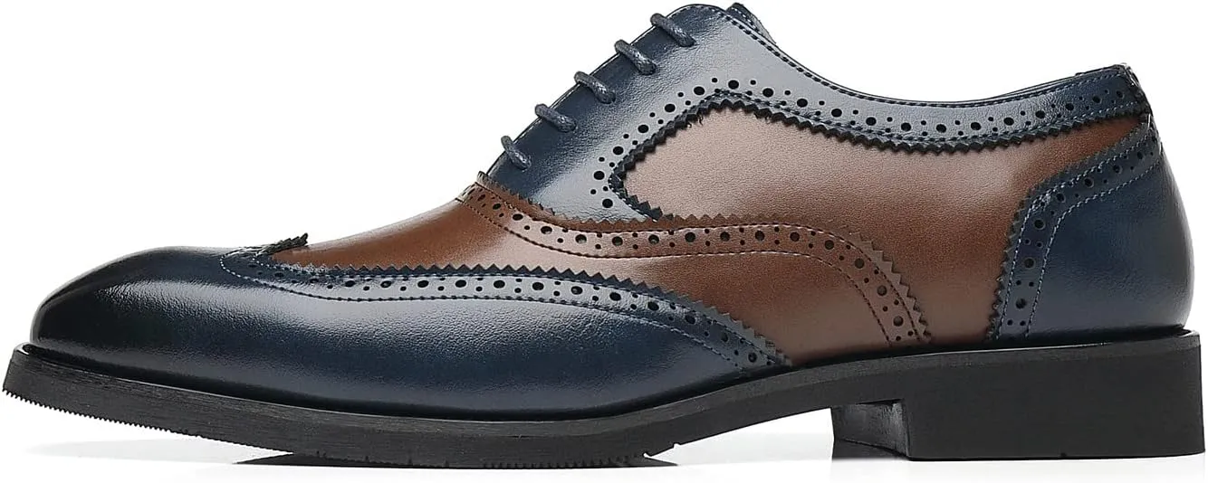 Santimon Wingtip Leather Dress Shoes for Men Brown Antique & Blue Italian Formal Oxfords
