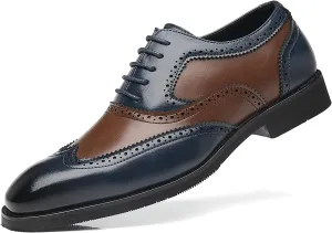 Santimon Wingtip Leather Dress Shoes for Men Brown Antique & Blue Italian Formal Oxfords
