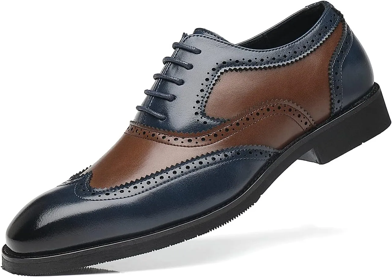 Santimon Wingtip Leather Dress Shoes for Men Brown Antique & Blue Italian Formal Oxfords