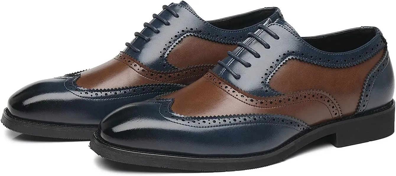 Santimon Wingtip Leather Dress Shoes for Men Brown Antique & Blue Italian Formal Oxfords