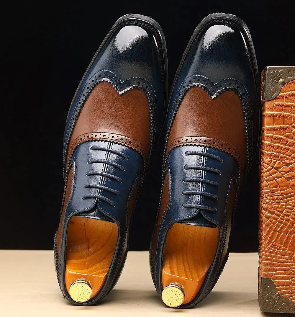 Santimon Wingtip Leather Dress Shoes for Men Brown Antique & Blue Italian Formal Oxfords