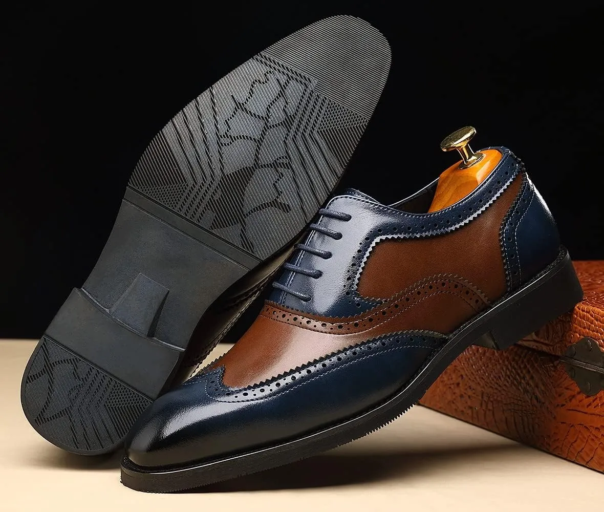 Santimon Wingtip Leather Dress Shoes for Men Brown Antique & Blue Italian Formal Oxfords