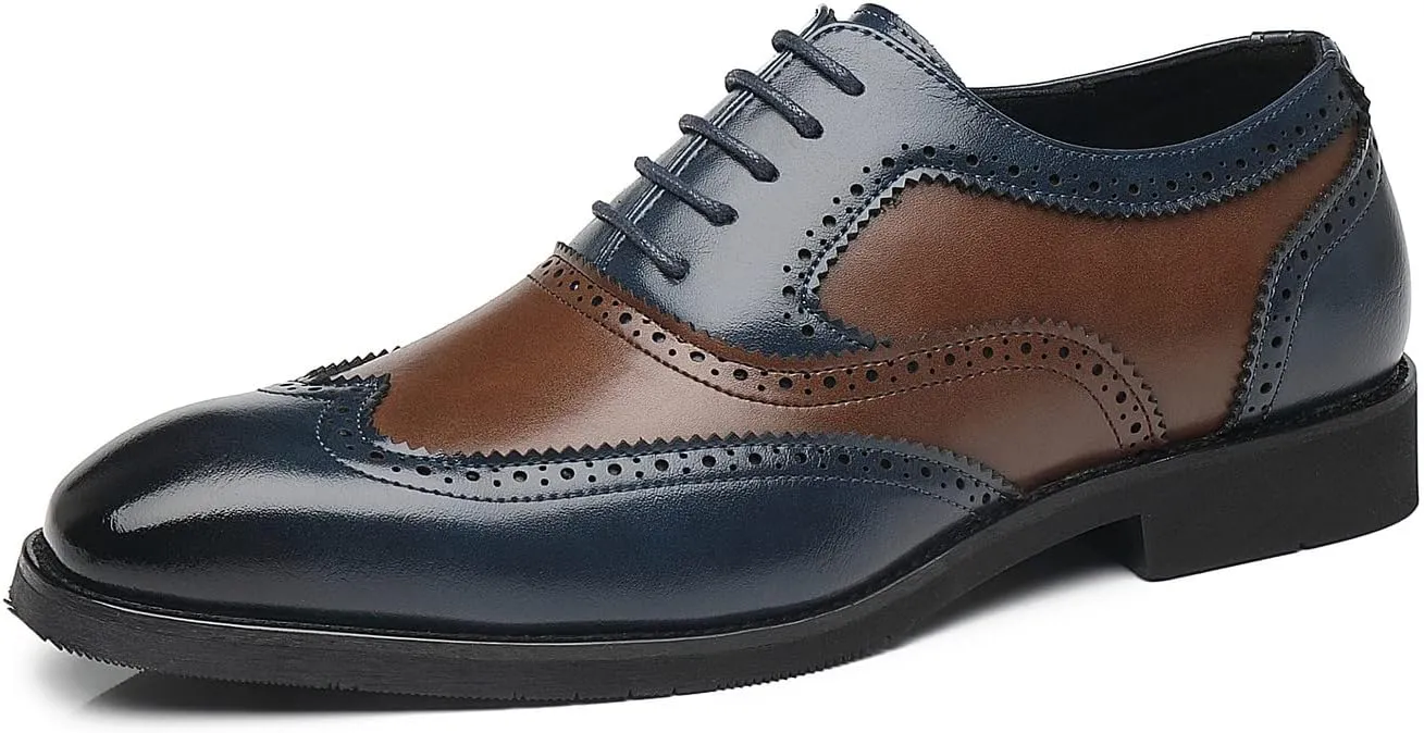 Santimon Wingtip Leather Dress Shoes for Men Brown Antique & Blue Italian Formal Oxfords