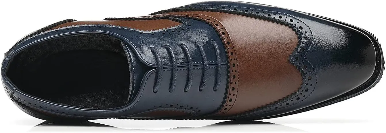 Santimon Wingtip Leather Dress Shoes for Men Brown Antique & Blue Italian Formal Oxfords
