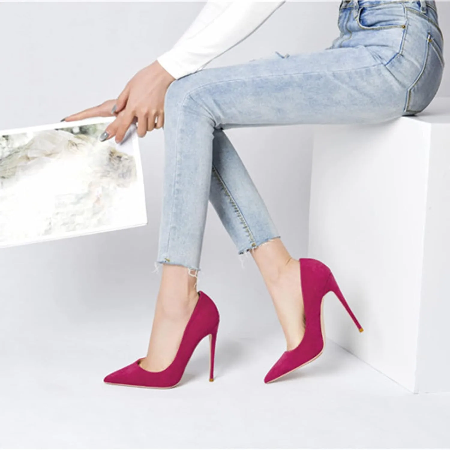 SchdosY Womens Classic Suede Pumps Fashion Charming Pointed Toe High Heel 12CM Stiletto Wedding Party Dress Office Formal Shoes Large Size 34-46