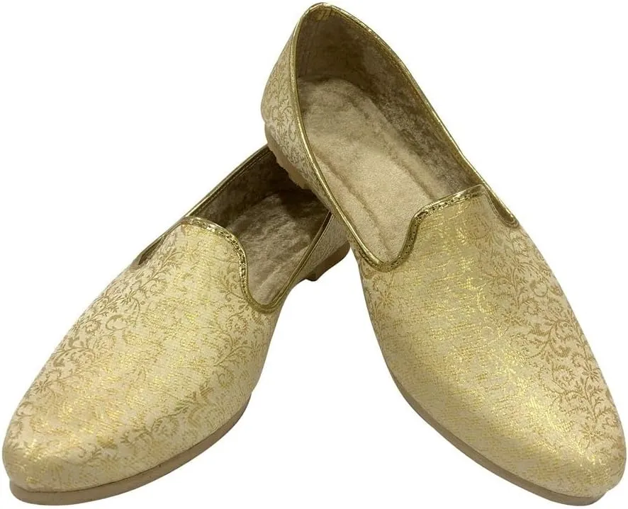 Shoe Bazar Punjabi Jutti for Men's Traditional Mojaris Shoes Cream Gold Wedding for Groom Indian Handmade Ethnic Jooti