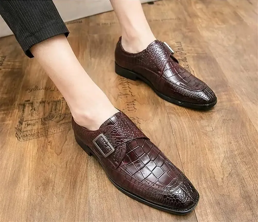 Shoes Dress Oxford for Men Slip On Split Toe Crocodile Embossed Monk Strap Leather Slip Resistant Low Top Rubber Sole Block Heel Non Slip Outdoor