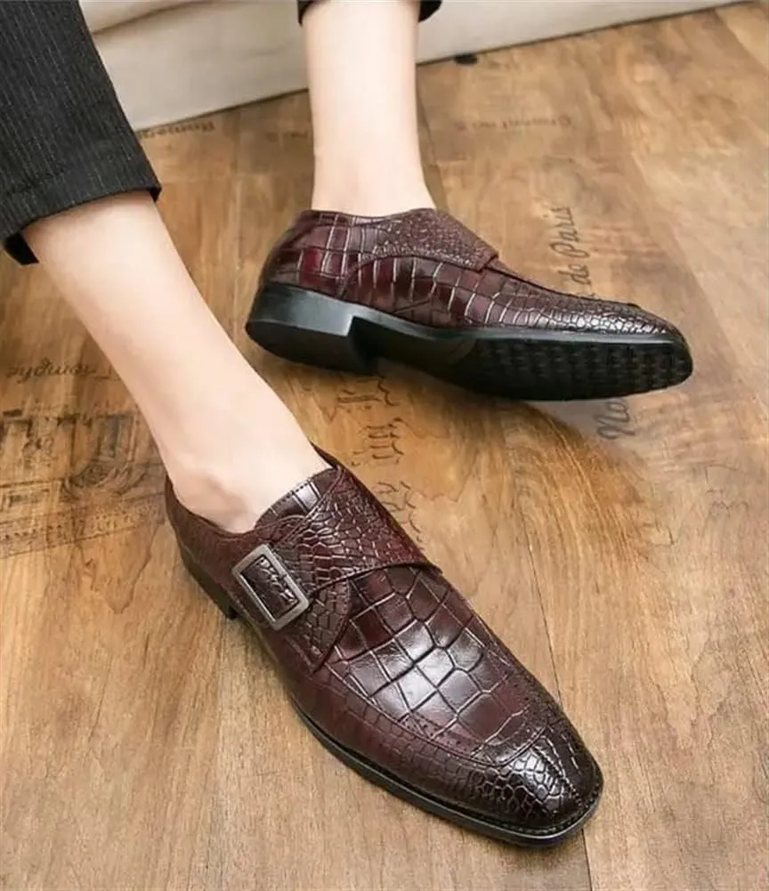 Shoes Dress Oxford for Men Slip On Split Toe Crocodile Embossed Monk Strap Leather Slip Resistant Low Top Rubber Sole Block Heel Non Slip Outdoor