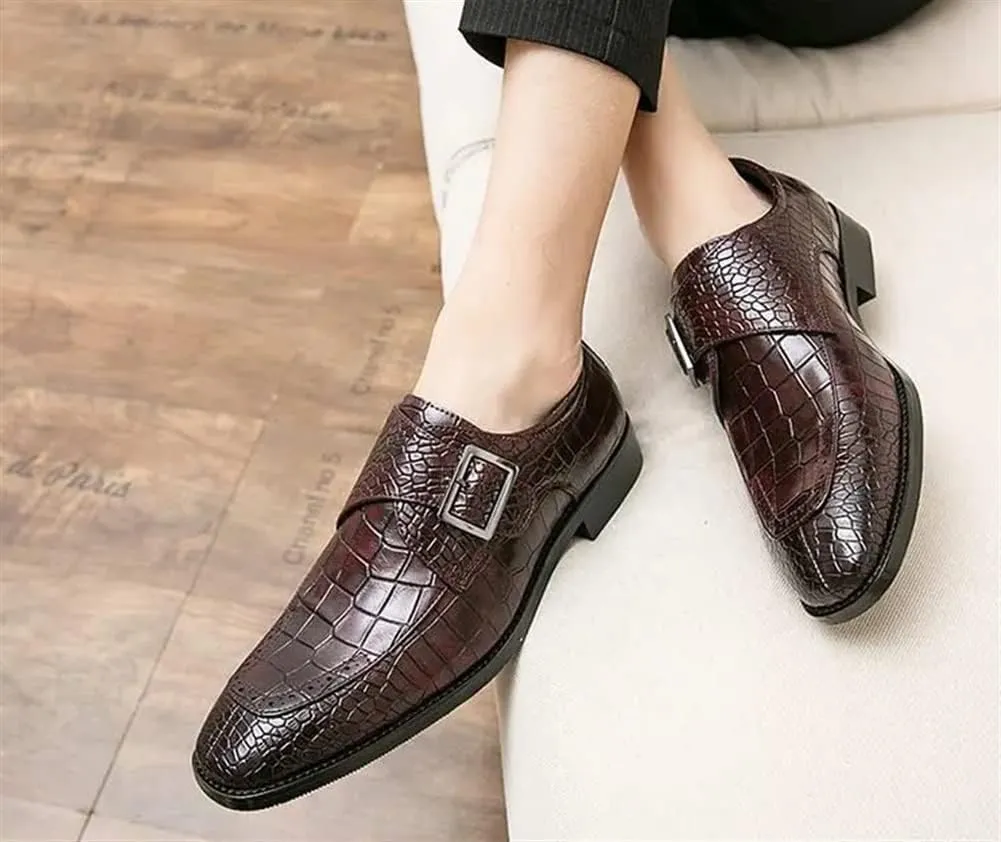 Shoes Dress Oxford for Men Slip On Split Toe Crocodile Embossed Monk Strap Leather Slip Resistant Low Top Rubber Sole Block Heel Non Slip Outdoor