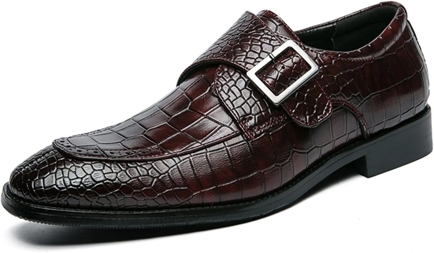 Shoes Dress Oxford for Men Slip On Split Toe Crocodile Embossed Monk Strap Leather Slip Resistant Low Top Rubber Sole Block Heel Non Slip Outdoor