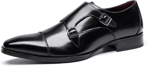 Single Season Oxford Dress Shoes for Men Slip On Double Monk Strap Burnished Toe Cap Toe Leather Block Heel Non Slip Anti-Slip Outdoor Very Popular Among Young People (Color : Black, Si
