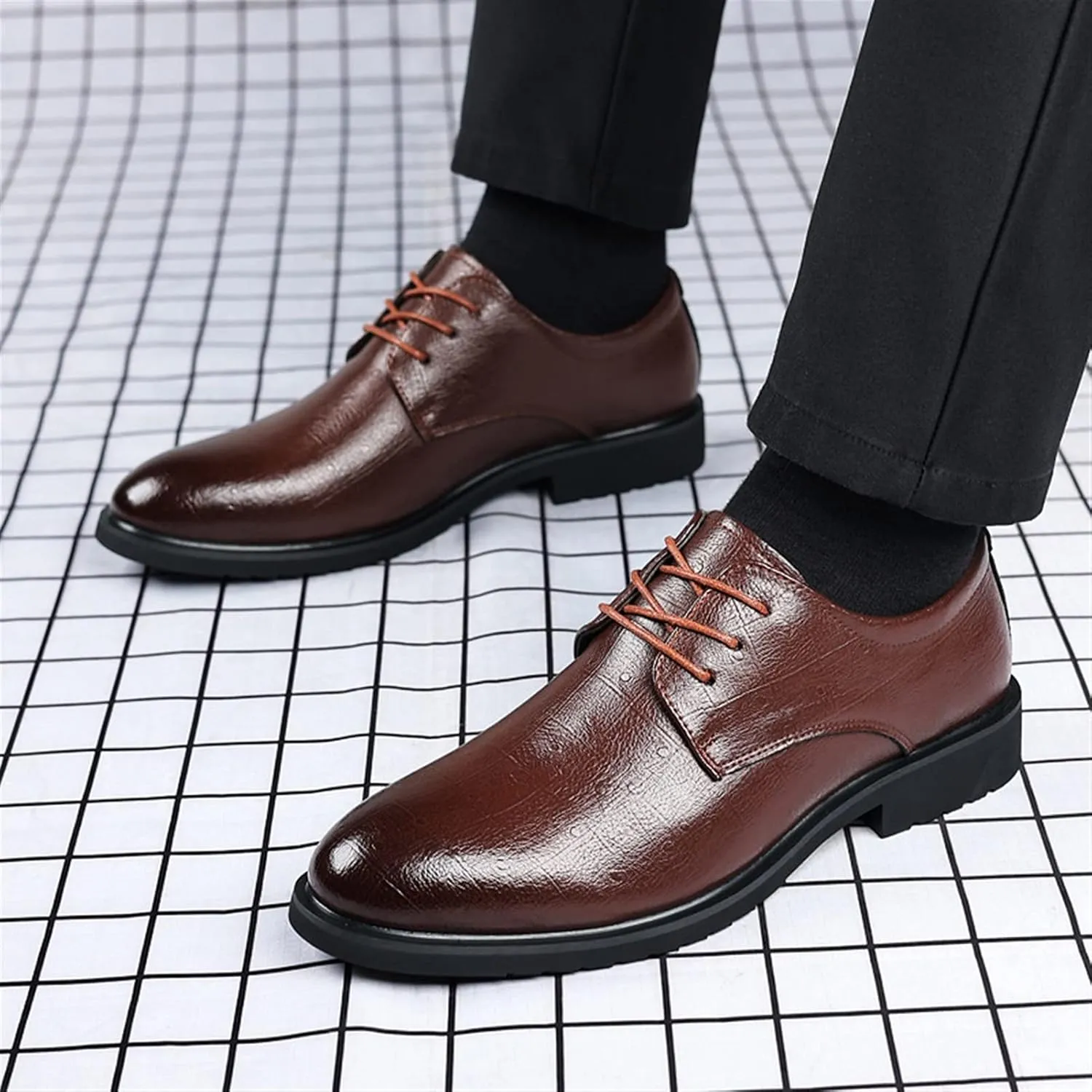 Single Season Shoes Dress Oxford for Men Lace Up Round Burnished Toe Derby Shoes Vegan Leather Rubber Sole Non Slip Resistant Prom Very Popular Among Young People
