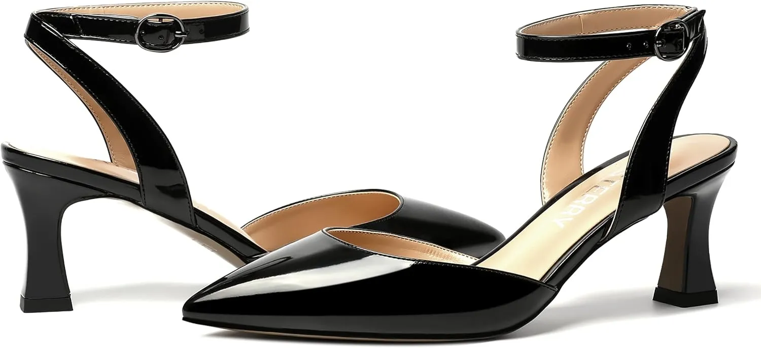 SKYSTERRY Women's Patent Ankle Strap Slingback Wedding Buckle Pointed Toe Casual Spool Mid Heel Pumps Shoes 2.5 Inch