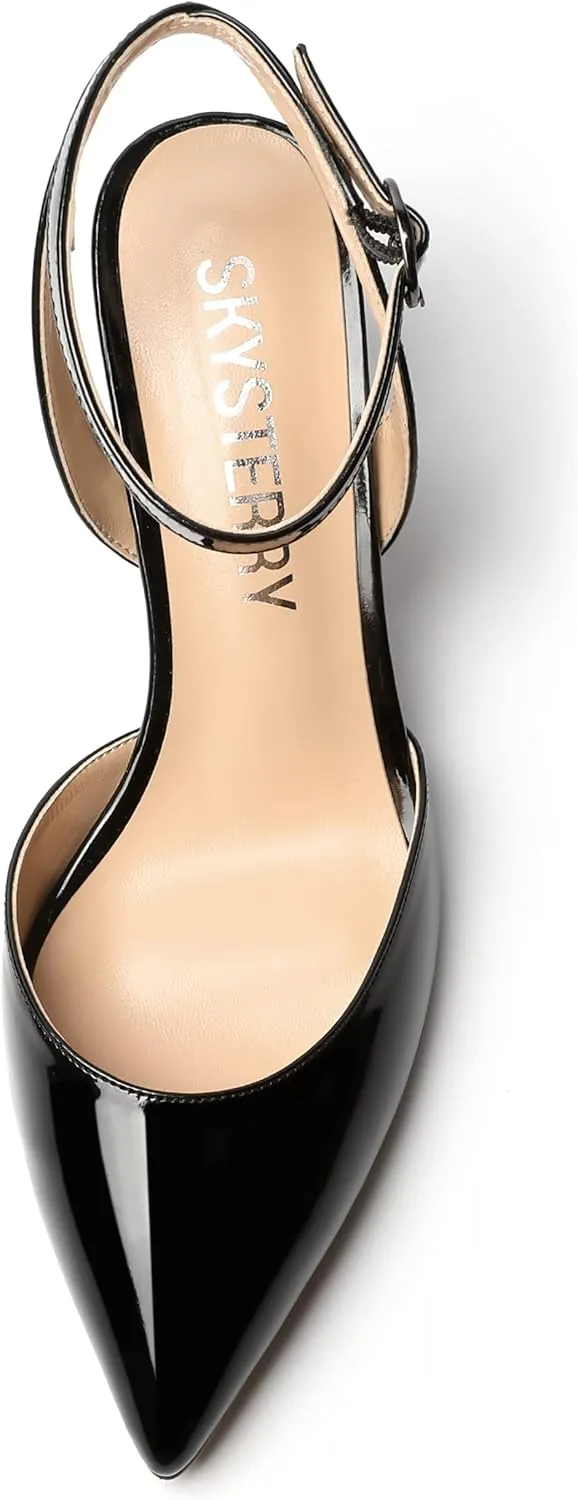 SKYSTERRY Women's Patent Ankle Strap Slingback Wedding Buckle Pointed Toe Casual Spool Mid Heel Pumps Shoes 2.5 Inch