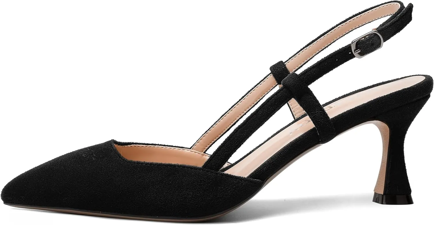 SKYSTERRY Womens Suede Evening Casual Pointed Toe Buckle Slingback Spool Mid Heel Pumps Shoes 2.5 Inch