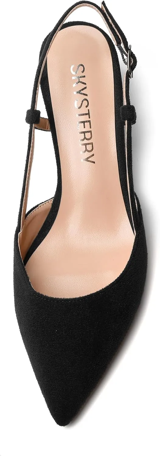 SKYSTERRY Womens Suede Evening Casual Pointed Toe Buckle Slingback Spool Mid Heel Pumps Shoes 2.5 Inch
