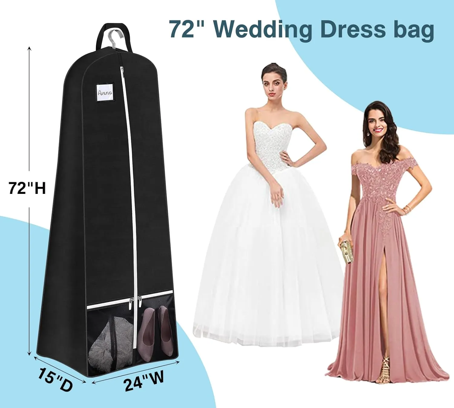 SLEEPING LAMB 72'' Bridal Wedding Gown Dress Garment Bag 15'' Gusseted Garment Cover Shoe Pockets Travel Garment Storage Bag for Prom, Evening Gowns, Black
