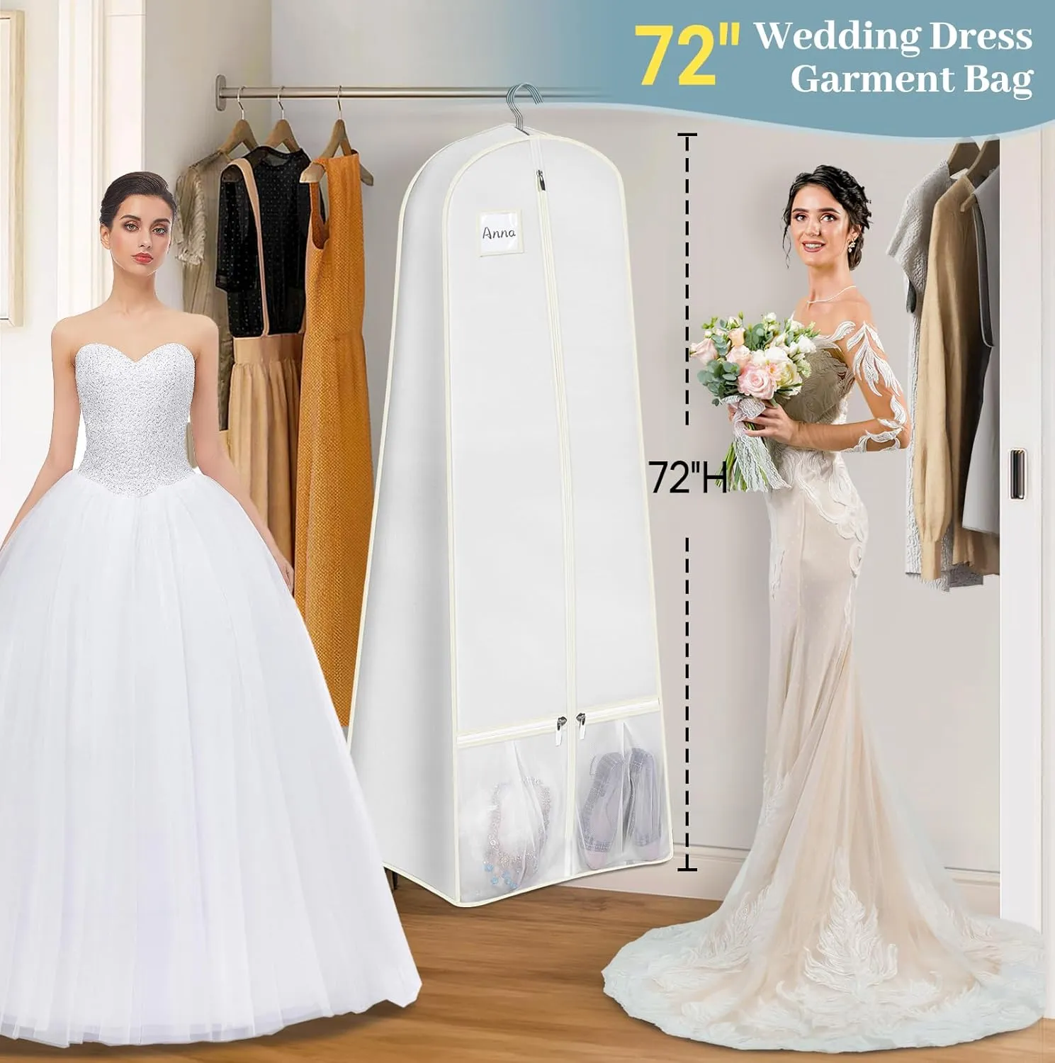 SLEEPING LAMB 72" Bridal Wedding Gown Dress Garment Bag 15" Gusseted Garment Cover Shoe Pockets Travel Garment Storage Bag for Prom, Evening Gowns, White