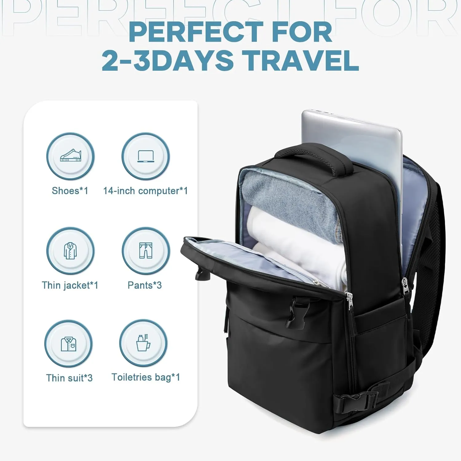 Small Travel Backpack 25L Carry on Backpack Airplane Approved Laptop Backpack Fits 14" Laptop with Shoe Compartment, Waterproof Casual Daypack Bag for Women Men Business Weekender, Black