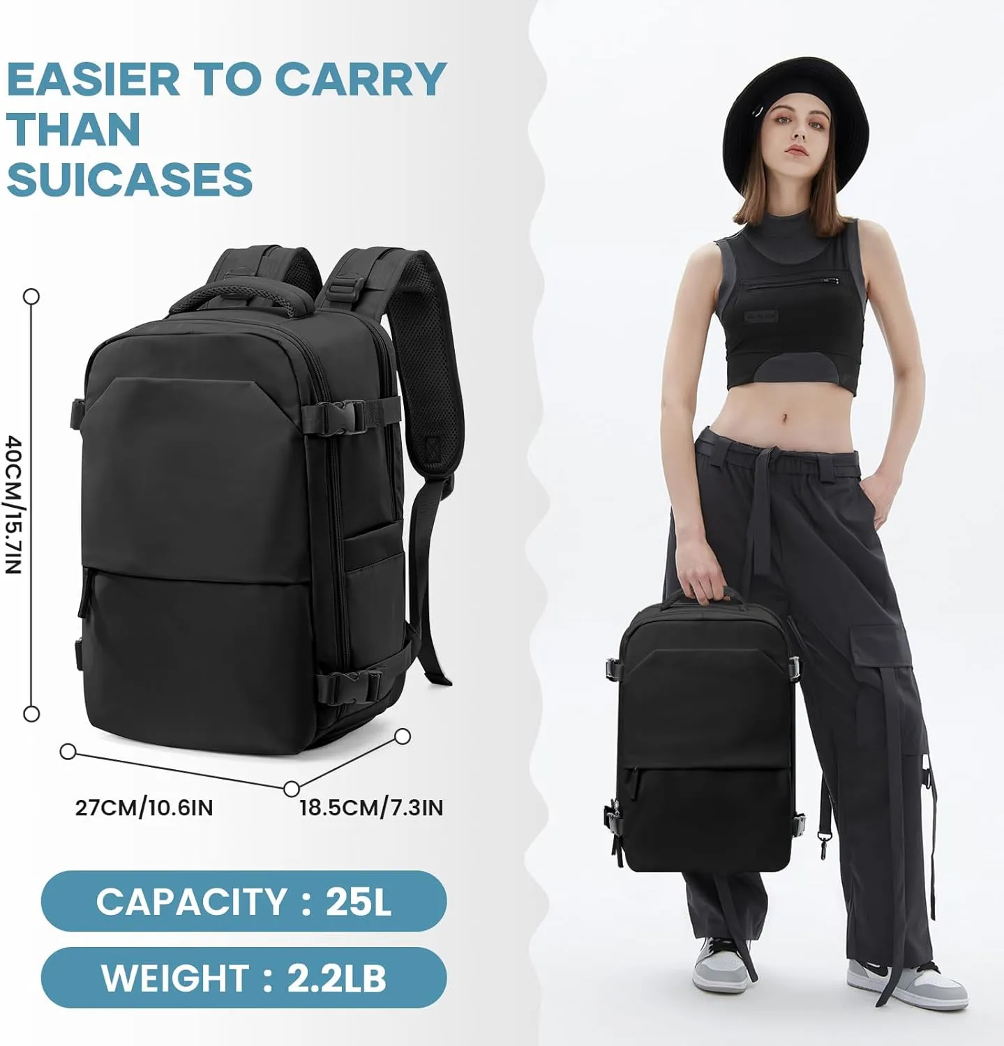 Small Travel Backpack 25L Carry on Backpack Airplane Approved Laptop Backpack Fits 14" Laptop with Shoe Compartment, Waterproof Casual Daypack Bag for Women Men Business Weekender, Black