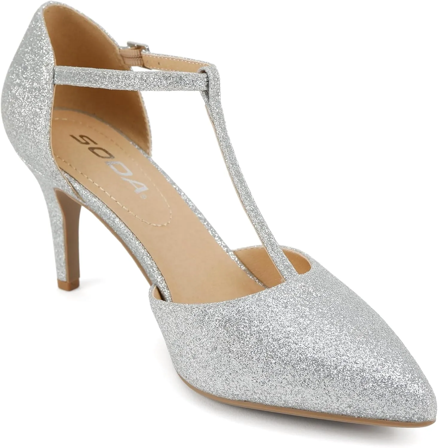 Soda Bahia ~ Women Pointed Toe Closed Back Counter Stiletto Mid Heel T-Strap Pump Shoe