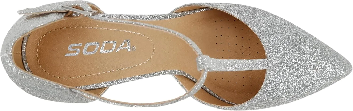 Soda Bahia ~ Women Pointed Toe Closed Back Counter Stiletto Mid Heel T-Strap Pump Shoe