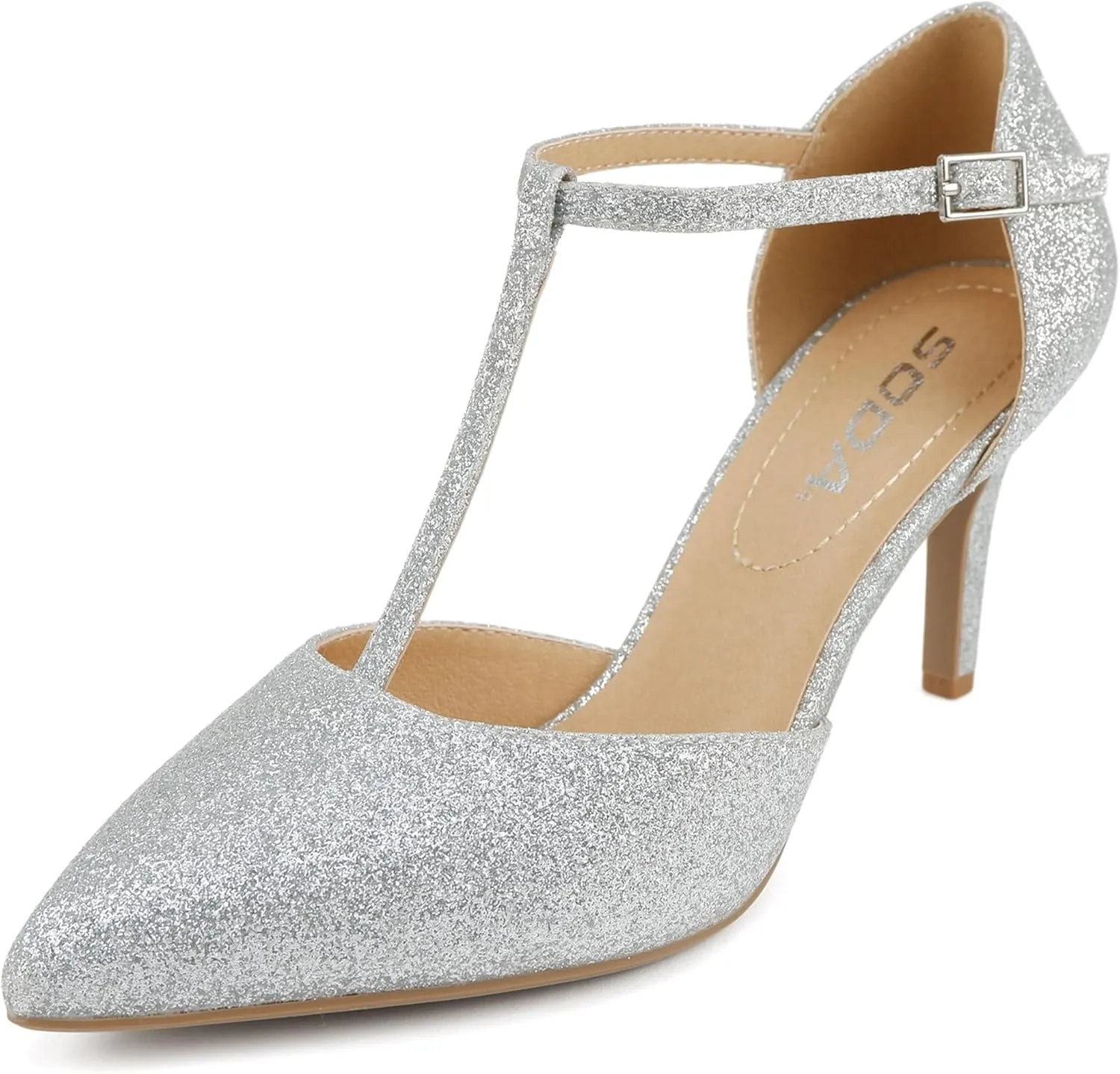 Soda Bahia ~ Women Pointed Toe Closed Back Counter Stiletto Mid Heel T-Strap Pump Shoe