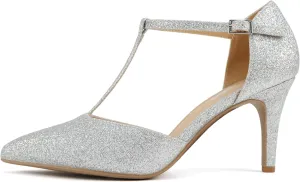 Soda Bahia ~ Women Pointed Toe Closed Back Counter Stiletto Mid Heel T-Strap Pump Shoe
