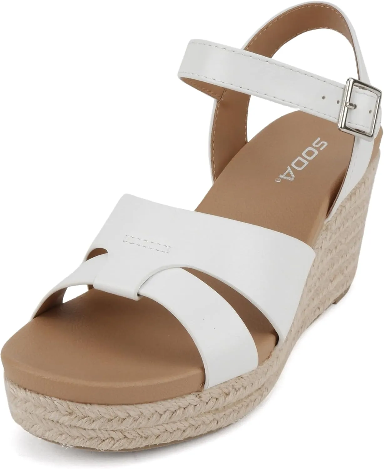 Soda “Front” ~ Women Round Toe Cross Band Low Heel Espadrille Wedge Sandal with Adjustable Ankle Strap